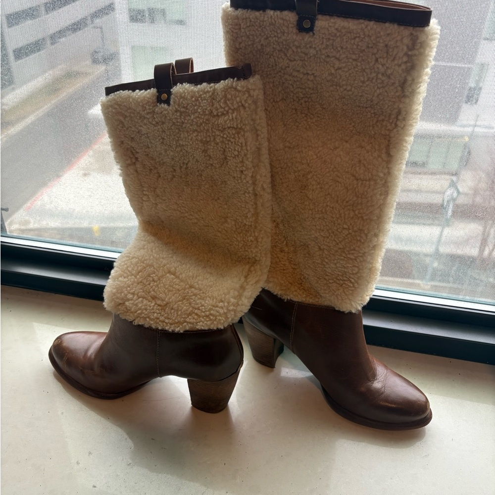 UGG Brown Leather Shearling Knee Boots with Cream Lining